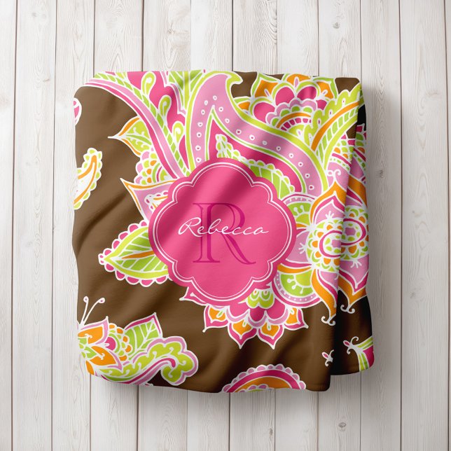 Pink and Brown Boho Paisley Monogrammed Fleece Blanket (Creator Uploaded)