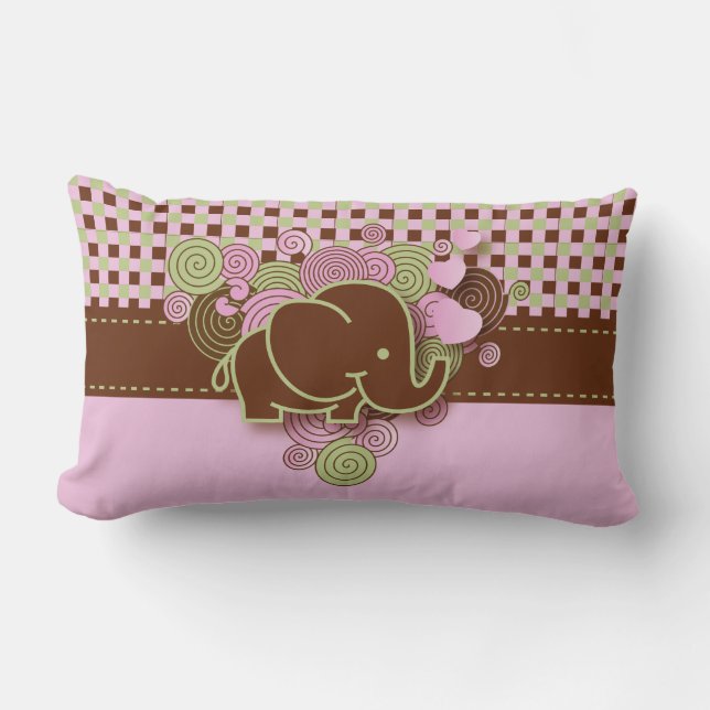 Pink and Brown Chequered Baby Elephant Lumbar Cushion (Front)