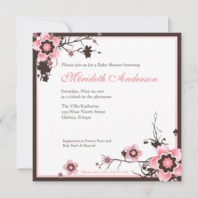 Pink and Brown Cherry Blossom Shower Invitation (Front)
