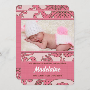 Pink and Brown Christening for Girl with Photo Invitation