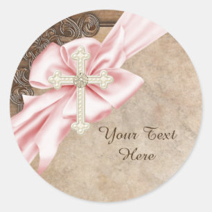 Pink and Brown Cross Christian Classic Round Sticker