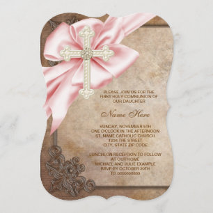 Pink and Brown Cross First Communion Invitation