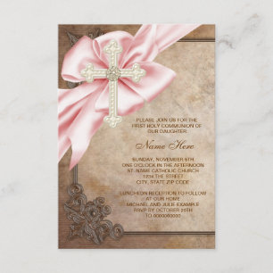 Pink and Brown Cross First Communion Invitation