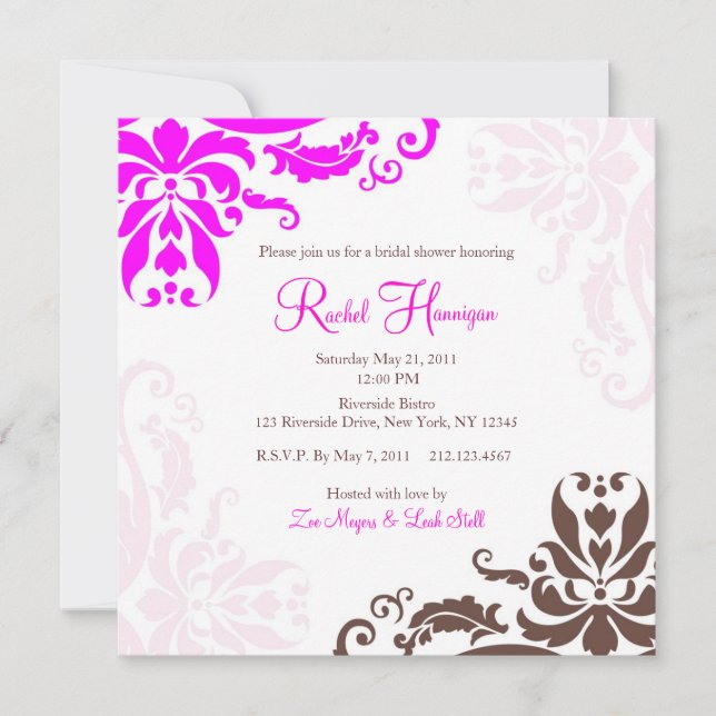 Pink and Brown Damask Bridal Shower Invitation (Front)