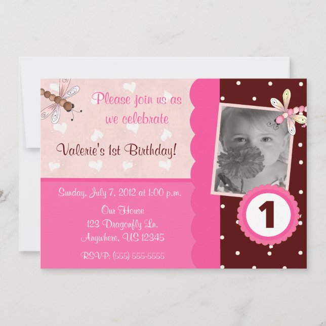 Pink and Brown Dragonfly Girls Birthday Invitation (Front)
