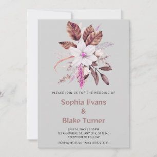 Pink and Brown Floral Botanical Light Grey Wedding Invitation