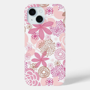 Pink and Brown Floral Pattern iPhone 15 Case
