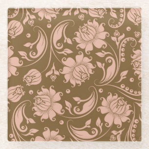 Pink and Brown Floral Pattern Glass Coaster