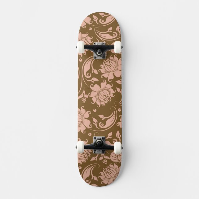 Pink and Brown Floral Pattern Skateboard (Front)