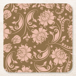 Pink and Brown Floral Pattern Square Paper Coaster