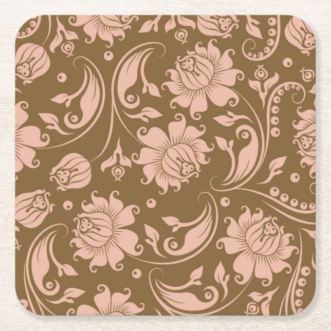 Pink and Brown Floral Pattern Square Paper Coaster (Front)