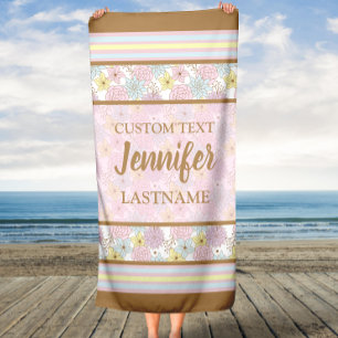Pink and Brown Floral Pattern with Custom Name Beach Towel