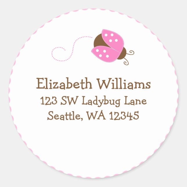 Pink and Brown Ladybug Round Address Sticker Label (Front)