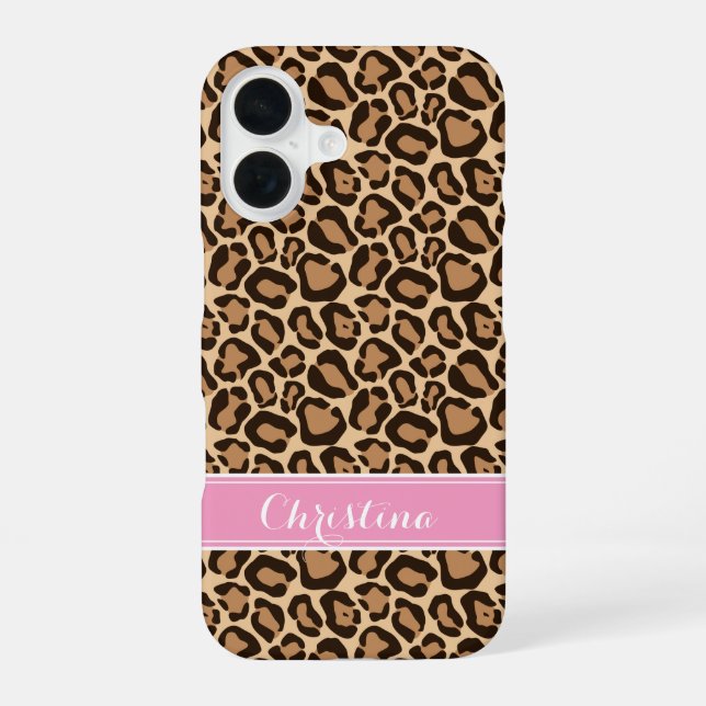 Pink and Brown Leopard Print Monogram iPhone 16 Case (Back)