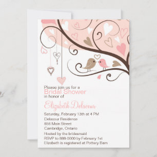 Pink and Brown Love Birds Bridal Shower Invitation