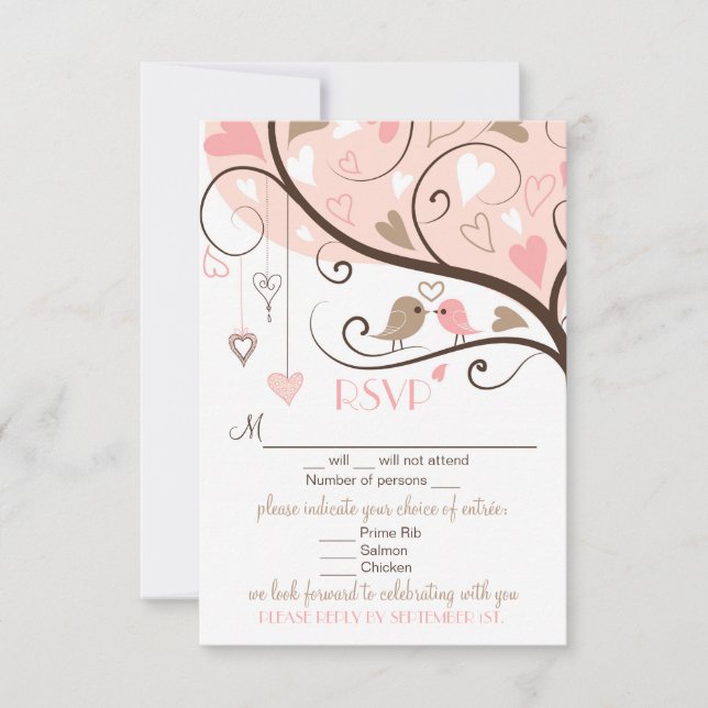 Pink and Brown Lovebirds RSVP Wedding Card (Front)