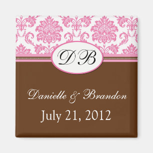 Pink and Brown Monogram Damask Wedding Magnet