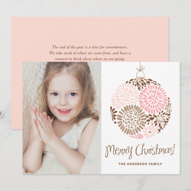 Pink and Brown Ornament Merry Christmas Photo Holiday Card (Front/Back)
