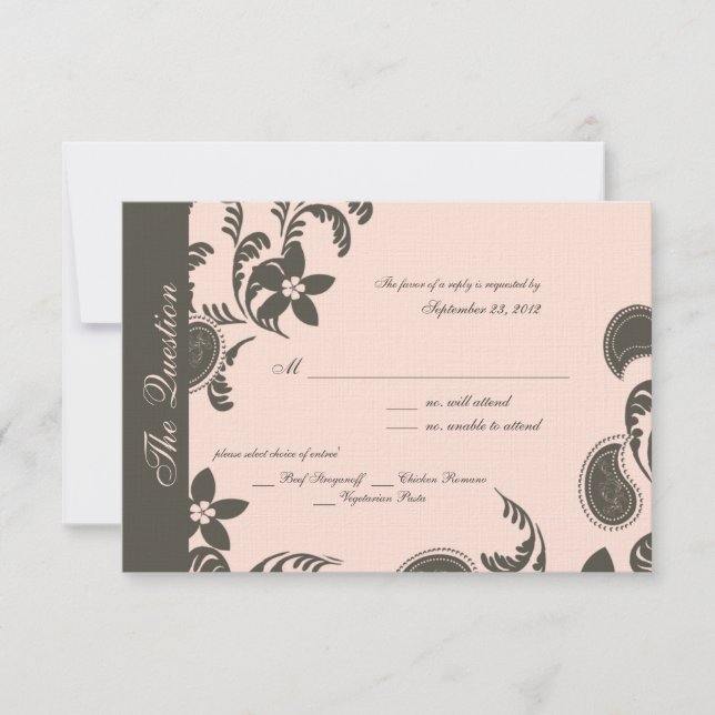 Pink and Brown Paisley and Floral RSVP Card (Front)