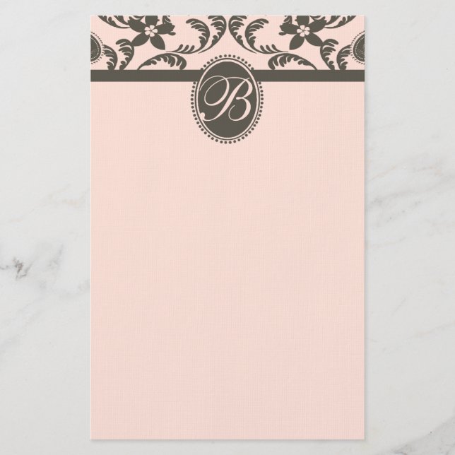 Pink and Brown Paisley Floral Monogram Stationery (Front)