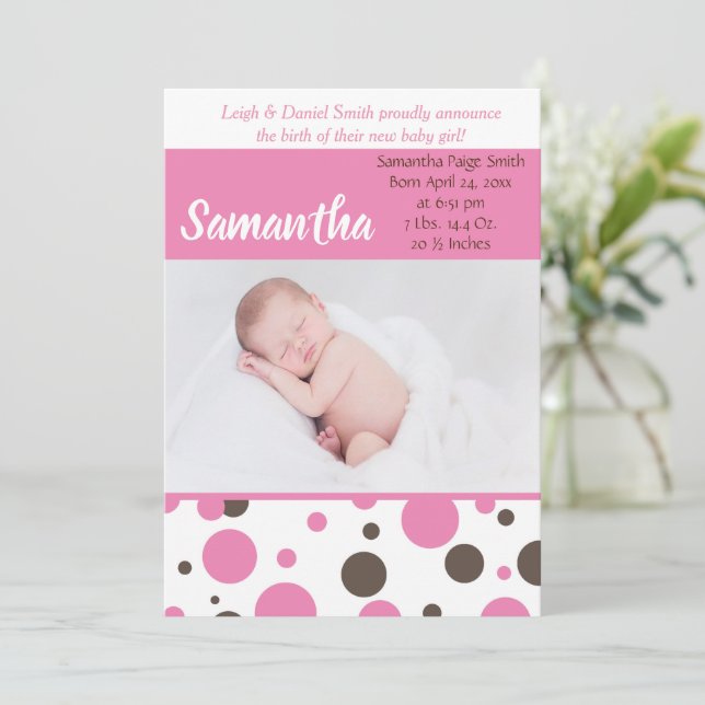 Pink and Brown Polka Dots | Baby Girl Photo Birth Announcement (Standing Front)