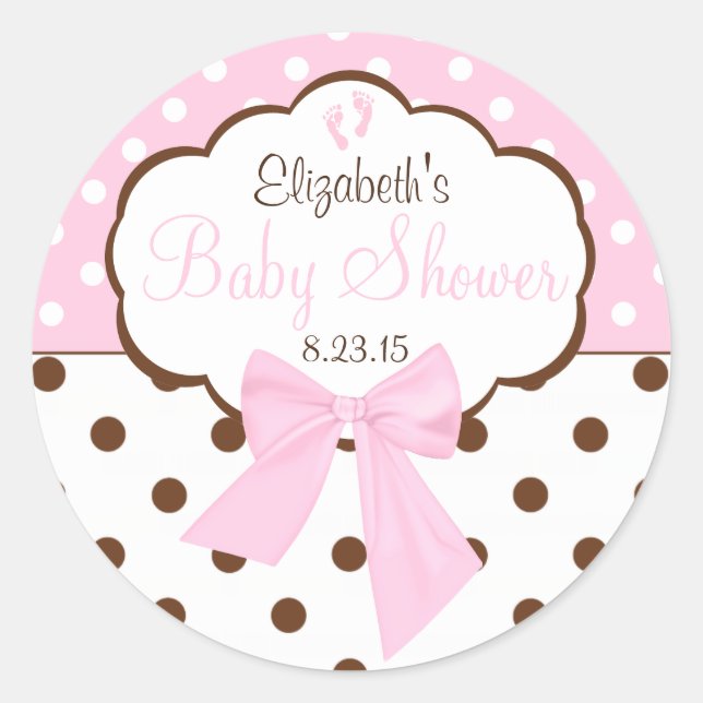 Pink and Brown Polka Dots-Baby Shower Classic Round Sticker (Front)