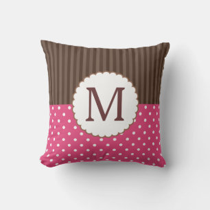 Pink And Brown Polka Dots Stripes Monogram Cushion