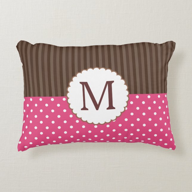 Pink And Brown Polka Dots Stripes Monogram Decorative Cushion (Front)