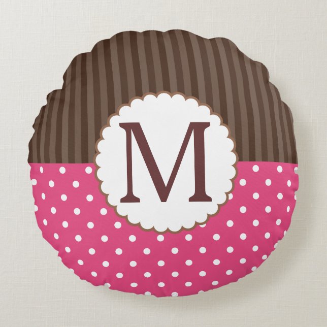 Pink And Brown Polka Dots Stripes Monogram Round Cushion (Front)