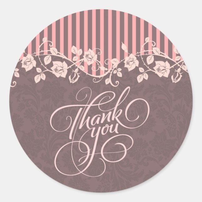 Pink And Brown Stripes & Floral Lace Thank You Classic Round Sticker (Front)