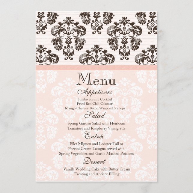 Pink and Brown Vintage Damask Wedding Menu Card (Front)