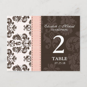 Pink and Brown Vintage Damask Wedding Table Number Postcard