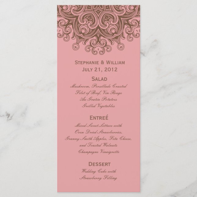 Pink and Brown Wedding Menu Rack Card (Front)