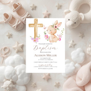 Pink and bunny floral baptism  invitation