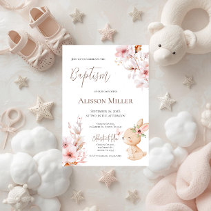Pink and bunny floral baptism  invitation