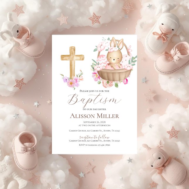 Pink and bunny floral baptism  invitation (Creator Uploaded)