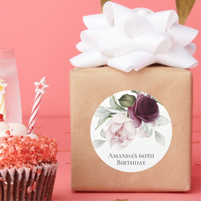 Pink and Burgundy Floral 60th Birthday Party Classic Round Sticker (Party)