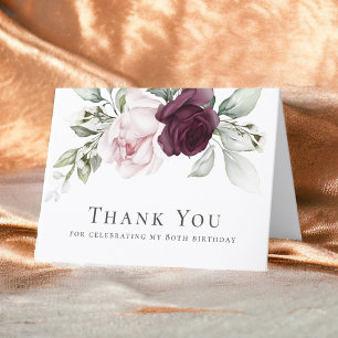 Pink and Burgundy Floral 80th Birthday Thank You Card