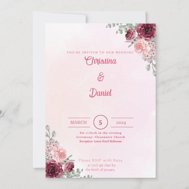 Pink and Burgundy Floral Wedding Invitations (Front)
