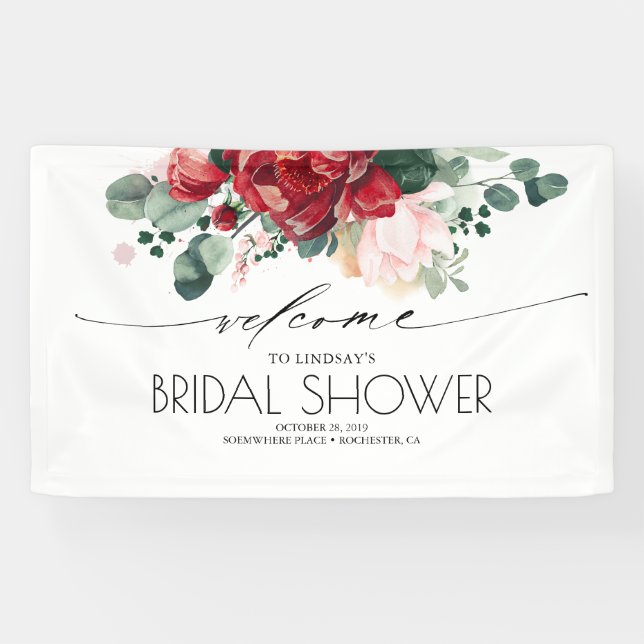 Pink and Burgundy Red Floral Bridal Shower Banner (Horizontal)