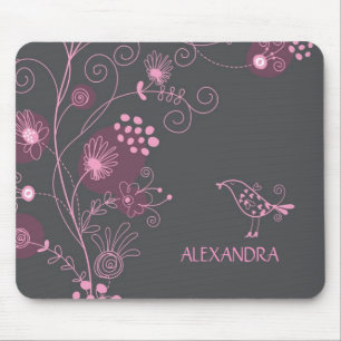 Pink And Burgundy Retro Flowers Brown Background Mouse Pad