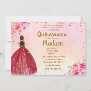 Pink and Burgundy Watercolor Floral Quinceanera Invitation