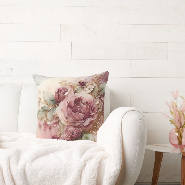 Pink and Burgundy Watercolor Rose Enlarged Cushion (Couch)