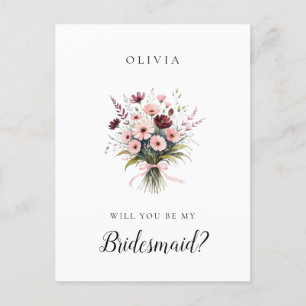 Pink and Burgundy Wildflowers Bridesmaid Proposal Postcard