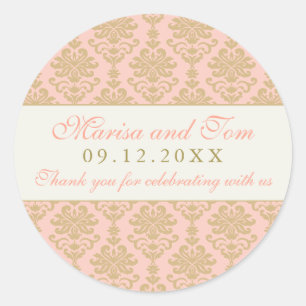 Pink and Champagne Gold Damask Wedding Classic Round Sticker