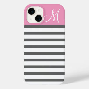 Pink and Charcoal Preppy Stripes Monogram Case-Mate iPhone 14 Case