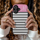 Pink and Charcoal Preppy Stripes Monogram iPhone 16 Case<br><div class="desc">Cute Modern Girly Trendy Chic Stylish Design with Preppy Horizontal Stripes and Solid Colour Block with Custom Personalised Monogram Initial Letter</div>