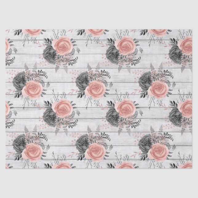 Pink and Charcoal Roses Rustic Wood Decoupage Tissue Paper (Front)
