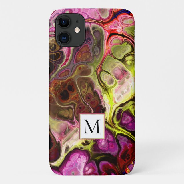 Pink and chartreuse marble tie dye and monogram Case-Mate iPhone case (Back)