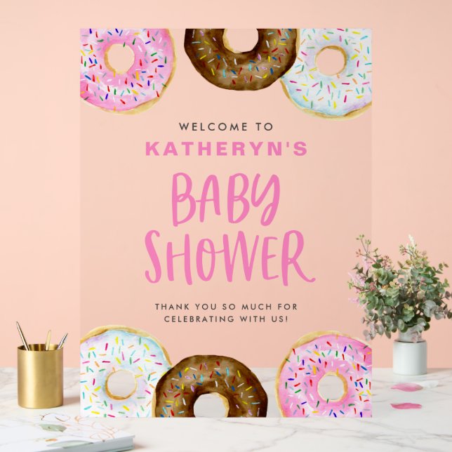 Pink and Chocolate Doughnuts Baby Shower Welcome Acrylic Sign (Wedding)